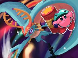Rule 34 | antlers, blue fur, blush stickers, commentary request, copy ability, fecto elfilis, furry, hammer, hammer kirby, helmet, highres, holding, holding hammer, holding staff, horns, kirby, kirby (series), kirby and the forgotten land, multicolored eyes, nintendo, shoyu nimono, solid oval eyes, sparkle, staff, toy hammer, wing ears
