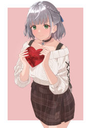 Rule 34 | 1girl, ahoge, bad id, bad pixiv id, black choker, box, braid, breasts, brown skirt, candy, chocolate, chocolate heart, choker, closed mouth, collarbone, cowboy shot, food, french braid, green eyes, grey hair, hair ribbon, half updo, heart, heart-shaped box, holding, holding box, holding chocolate, holding food, hololive, jewelry, large breasts, looking at viewer, miniskirt, off-shoulder shirt, off shoulder, pendant, pink background, plaid, plaid skirt, ribbed sweater, ribbon, shirogane noel, shirogane noel (casual), shirt, short hair, skirt, sleeves rolled up, smile, solo, sweater, tonn (tonn 5336), valentine, virtual youtuber, white sweater