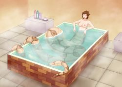 Rule 34 | 1girl, absurdres, bathing, breasts, brown hair, closed eyes, highres, lamia, medium breasts, monster girl, nipples, nude, open mouth, partially submerged, pussy, short hair, smile, solo