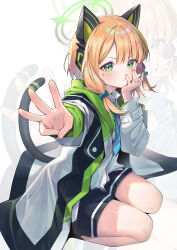 Rule 34 | 1girl, absurdres, animal ear headphones, animal ears, blonde hair, blue archive, blue bow, blue necktie, bow, cat ear headphones, cat tail, closed mouth, fake animal ears, fake tail, green eyes, halo, headphones, highres, jacket, midori (blue archive), muo (muojjang 0929), necktie, open clothes, open jacket, school uniform, simple background, solo, sweatdrop, tail, thighhighs, white background, zoom layer