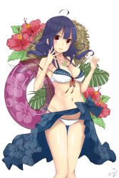 Rule 34 | 1girl, absurdres, adapted costume, ahoge, armpits, bare arms, bare shoulders, bikini, blue hair, blue sarong, blush, breasts, cleavage, collarbone, commentary request, fingernails, flower, groin, hair between eyes, hair flaps, hands up, hat, highres, innertube, jewelry, kantai collection, long hair, low twintails, magatama, magatama necklace, medium breasts, navel, necklace, neve (morris-minicooper), parted lips, purple innertube, red eyes, red flower, sarong, signature, simple background, smile, solo, straw hat, swim ring, swimsuit, taigei (kancolle), thigh gap, thighs, twintails, white background, white bikini