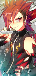 Rule 34 | black shirt, blouse, character name, copyright name, elsword, elsword (character), grin, hand on own hip, holding, holding sword, holding weapon, infinity sword (elsword), jewelry, male focus, multicolored hair, necklace, pika (kai9464), shirt, sleeveless, sleeveless shirt, smile, solo, sword, tagme, two-tone hair, weapon
