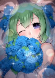 Rule 34 | 1girl, ;), absurdres, bare shoulders, blue flower, blue rose, bouquet, bridal veil, closed mouth, dress, eyes visible through hair, flower, green hair, hair between eyes, hands up, highres, holding, holding bouquet, kohaku (rune factory), leaf, light particles, looking at viewer, one eye closed, puchiman, purple eyes, purple pupils, rose, rune factory, rune factory 4, see-through, short hair, smile, solo, sparkle, veil, wedding dress
