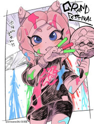 bike_shorts blue_eyes eromame fang glowstick hand_fan ink looking_at_viewer marie_(splatoon) nintendo octoling octoling_girl octoling_player_character paper_fan skin_fang splatoon_(series) splatoon_3 uchiwa wristband