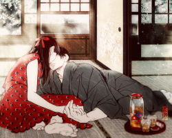 Rule 34 | 1boy, 1girl, barefoot, black hair, blurry, bow, cup, dress, grey kimono, hanaze, hetero, holding hands, imminent kiss, indoors, japanese clothes, kimono, original, pitcher (container), red bow, red dress, sliding doors, tatami, tray, unmoving pattern, window