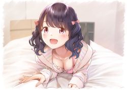 Rule 34 | 1girl, bashosho, black hair, bow, breasts, cleavage, commentary request, fukumaru koito, hair bow, highres, hood, hoodie, idolmaster, idolmaster shiny colors, long sleeves, looking at viewer, lying, medium breasts, medium hair, on bed, on stomach, open mouth, purple eyes, solo, spaghetti strap, sweatdrop, swept bangs, twintails