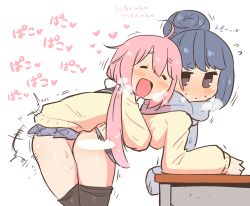 Rule 34 | 1futa, 1girl, ^ ^, arm support, ass, blue hair, blush, blush stickers, closed eyes, closed mouth, commentary request, flying sweatdrops, futa with female, futanari, heart, highres, hiryou man (crap-man), kagamihara nadeshiko, multiple girls, no panties, open mouth, penis, pink hair, pleated skirt, rariatto (ganguri), scarf, sex, sex from behind, shima rin, simple background, skirt, smile, standing, standing sex, table, translated, white background, yurucamp