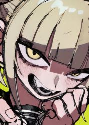 Rule 34 | 1girl, blonde hair, blunt bangs, blush, boku no hero academia, chappii (paon gunsou), clenched hand, commentary request, eyelashes, fangs, green background, looking at viewer, open mouth, portrait, sidelocks, simple background, solo, toga himiko, yellow eyes