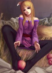 Rule 34 | 1girl, absurdres, animal ears, apple, bare shoulders, belt, black pantyhose, food, fruit, highres, holo, knees apart feet together, pantyhose, pink shirt, pouch, red eyes, sherl rin, shirt, sitting, solo, spice and wolf, wolf ears