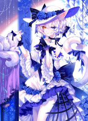 Rule 34 | 1girl, animal ears, bare shoulders, black gloves, blue bow, blue flower, blue rose, bow, bug, butterfly, cat, cat ears, cat tail, choker, dress, flower, gloves, hat, heterochromia, highres, insect, long hair, looking at viewer, original, ribbon, rose, sheya, short hair, solo, strapless, strapless dress, tail, tail ornament, tail ribbon, white dress, white hair
