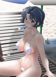 1girl bare_shoulders beach bikini blue_hair blush breasts cameltoe chair cleavage collarbone day eating food food_in_mouth groin highres kusuha_mizuha large_breasts looking_at_viewer lotion lounge_chair navel outdoors parasol popsicle popsicle_in_mouth purple_eyes short_hair sitting solo stomach sunscreen super_robot_wars super_robot_wars_original_generation swimsuit thighs umbrella white_bikini