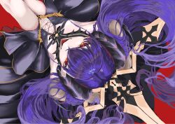 Rule 34 | 1girl, arms up, azur lane, black skirt, clothing cutout, enigmaeclipse, felix schultz (azur lane), flat chest, from above, hair between eyes, highres, long hair, looking at viewer, looking up, navel, pale skin, purple hair, red background, red eyes, showgirl skirt, simple background, skirt, stomach cutout, tongue, twintails, very long hair