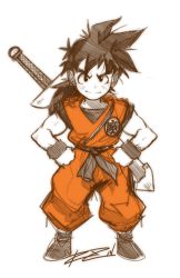Rule 34 | 1boy, ankle boots, bad id, bad tumblr id, black hair, boots, child, dougi, dragon ball, dragonball z, hands on own hips, highres, male focus, over shoulder, robaato, sheath, sheathed, solo, son gohan, spiked hair, sword, sword over shoulder, weapon, weapon over shoulder, wristband