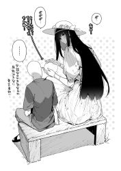Rule 34 | ..., 1boy, 1girl, bench, black hair, blush, chomoran, commentary request, dotted line, dress, faceless, faceless male, flower, gloves, greyscale, hasshaku-sama, hat, hat flower, height difference, highres, long hair, looking at another, monochrome, original, polka dot, polka dot background, sandals, see-through, short sleeves, sitting, spoken ellipsis, sun hat, sundress, tall, tall female, translation request, urban legend, white dress, white headwear, wooden bench