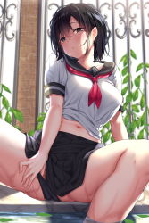 Rule 34 | 1girl, bare legs, black hair, black panties, black skirt, blue eyes, blush, breasts, clothes lift, clothing aside, commentary request, day, exhibitionism, hair over one eye, highres, jack dempa, leg up, legs, looking at viewer, medium breasts, midriff, navel, neckerchief, open mouth, original, outdoors, panties, panties aside, panty pull, pleated skirt, public indecency, pulling own clothes, purple eyes, red neckerchief, sailor collar, school uniform, serafuku, shirt, shirt lift, short hair, skirt, soaking feet, solo, spread legs, teeth, thighs, underwear, upper teeth only, wet, wet clothes, wet hair, wet panties, wet shirt, wet skirt, white shirt