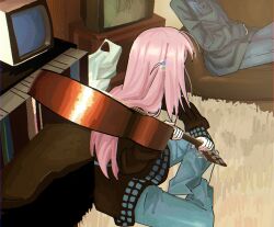 Rule 34 | 2girls, acoustic guitar, alternate costume, bag, bocchi the rock!, carpet, crt, cube hair ornament, from behind, from side, gotoh hitori, guitar, hair ornament, highres, holding, holding guitar, holding instrument, indian style, indoors, instrument, irreligiositat, long hair, multiple girls, pink hair, plastic bag, sitting, solo focus, wooden wall, yamada ryo