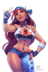 Rule 34 | 1girl, abs, antenna hair, armlet, asymmetrical clothes, backwards hat, baseball cap, breasts, cameo, capcom, collaboration, colorized, commentary, cowboy shot, cutoffs, dark skin, dark-skinned female, denim, earrings, fingerless gloves, gloves, gluteal fold, hand on own hip, hat, jeans, jewelry, lips, middle finger, midriff, navel piercing, necklace, original, pants, pearl necklace, piercing, robaato, mega man (series), mega man (character), mega man (classic), royce southerland, single pantsleg, narrow waist, solo, tank top, thigh gap, very dark skin, white background