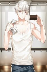 Rule 34 | 1boy, cheritz, collarbone, holding, holding phone, holding towel, lights, long hair, male focus, official art, phone, pocket, red eyes, solo, susanghan messenger, sweat, tank top, teeth, third-party source, towel, towel on one shoulder, white hair, white tank top, zen (susanghan messenger)