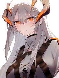 Rule 34 | 1girl, absurdres, arknights, blush, breasts, brown horns, closed mouth, clothing cutout, earrings, embarrassed, eyes visible through hair, grey hair, grey shirt, hair between eyes, highres, horns, jewelry, large breasts, long hair, looking at viewer, no nose, orange eyes, orange horns, paid reward available, saria (arknights), shirt, sidelocks, simple background, solo, strap, upper body, white background, worimehl