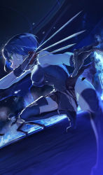 Rule 34 | 1boy, 1girl, absurdres, bare shoulders, black footwear, black gloves, black hair, black keys (type-moon), black pants, black skirt, black sleeves, blue dress, blue eyes, blue fire, blue footwear, blue hair, boots, breasts, ciel (tsukihime), commentary, dress, fire, gloves, glowing, glowing eye, highres, holding, holding knife, holding weapon, indoors, knife, looking to the side, medium breasts, pants, powered ciel, profile, satsuki (satsuki art), shirt, shoes, short hair, skirt, sleeveless, sleeveless dress, squatting, tohno shiki, tsukihime, tsukihime (remake), weapon, white shirt