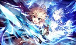 1boy 1girl ahoge armor blonde_hair closed_mouth commentary_request glowing glowing_sword glowing_weapon grey_eyes grey_hair holding holding_sword holding_weapon kanon_(ta_ga_tame_no_alchemist) long_sleeves looking_at_viewer official_art open_mouth parted_bangs shoulder_armor sword ta_ga_tame_no_alchemist teeth third-party_source upper_teeth_only weapon zain_(ta_ga_tame_no_alchemist)