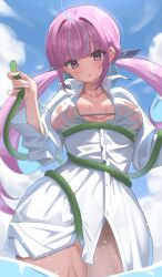Rule 34 | 1girl, absurdres, ahoge, bikini, bikini under clothes, blue hair, blue sky, blunt bangs, blush, breasts, cloud, highres, holding, holding hose, hololive, hose, large breasts, long hair, looking at viewer, madai (mappy), minato aqua, multicolored hair, pink eyes, pink hair, shirt, sky, solo, swimsuit, twintails, two-tone hair, virtual youtuber, water, wet, white shirt