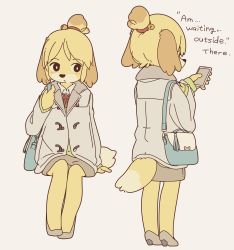 Rule 34 | 1girl, alternate language, animal crossing, animal ears, bag, bell, black eyes, blonde hair, blush, cellphone, closed mouth, coat, dog ears, dog girl, dog tail, english text, expressionless, female focus, flat chest, from behind, full body, furry, furry female, green jacket, grey background, grey coat, grey footwear, grey skirt, hair bell, hair ornament, hair tie, hand up, handbag, hands up, high heels, holding, holding phone, holding strap, isabelle (animal crossing), jacket, jingle bell, legs together, light blush, long sleeves, looking to the side, miniskirt, multiple views, neck ribbon, nintendo, phone, red ribbon, ribbon, shirt, shoes, short hair, simple background, sitting, skirt, standing, tail, talking, topknot, white shirt, yagi (s1120411)