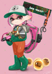 Rule 34 | 1girl, baseball cap, boots, closed mouth, commentary, commission, full body, gloves, golden egg, green footwear, green gloves, gun, hat, highres, holding, holding gun, holding weapon, inkling, inkling girl, inkling player character, jumpsuit, lifebuoy, looking at viewer, nintendo, orange jumpsuit, pink background, pink eyes, pink hair, pointy ears, print headwear, puchiman, rubber boots, rubber gloves, salmon run (splatoon), short hair, simple background, smile, solo, splashtag (splatoon), splatoon (series), splatoon 3, sploosh-o-matic (splatoon), standing, swim ring, tentacle hair, thick eyebrows, weapon