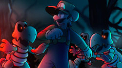 Rule 34 | 1boy, brown hair, dry bones, facial hair, forest, gloves, hat, luigi, male focus, mario (series), mustache, nature, night, night sky, nintendo, open mouth, overalls, red eyes, scared, skull, sky, the super mario bros. movie