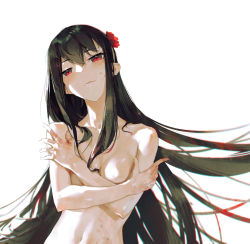 Rule 34 | 1girl, black hair, blood, breasts, closed mouth, commentary request, completely nude, covering privates, covering breasts, dino (dinoartforame), flower, flower on head, hair flower, hair ornament, highres, long hair, looking at viewer, medium breasts, navel, nude, red eyes, red flower, red rose, rose, simple background, solo, spy x family, upper body, white background, yor briar