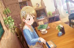 Rule 34 | 10s, 1girl, artist request, blush, book, brown eyes, chair, collarbone, cup, drill hair, earrings, hair ornament, idolmaster, idolmaster cinderella girls, idolmaster cinderella girls starlight stage, jewelry, light brown hair, looking to the side, morikubo nono, official art, plant, short hair, sitting, solo, table, teacup, wavy mouth