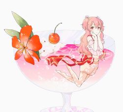 Rule 34 | 1girl, cherry, cocktail flower, cocktail glass, cream, cup, drinking glass, flower, flower on liquid, food, fruit, hands on own chin, highres, long hair, midriff, momoi airi, more more jump! (project sekai), nobita ramen, off-shoulder shirt, off shoulder, partially submerged, pink eyes, pink hair, pink theme, project sekai, puffy shorts, ribbon, shirt, shorts, solo, twintails