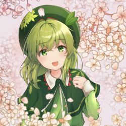 Rule 34 | 1girl, absurdres, blurry, blurry background, blurry foreground, blush, capelet, cherry blossoms, commentary request, depth of field, floral print, flower, green capelet, green eyes, green hair, green hat, green shirt, hand up, hat, highres, hira-san, leaf, long sleeves, looking at viewer, outdoors, pink flower, seoi ha, shirt, simple background, solo, touhou, touhou shizenyu, upper body