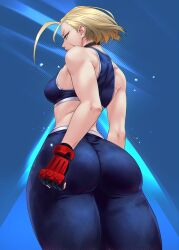 Rule 34 | 1girl, ass, ass focus, bare shoulders, blonde hair, braid, breasts, cammy white, curvy, gabriel carrasquillo, gloves, hat, highres, huge ass, looking away, medium breasts, official alternate hair length, official alternate hairstyle, scar, short hair, solo, standing, street fighter, street fighter 6, thick thighs, thighs, wide hips