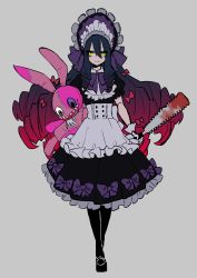 Rule 34 | 1girl, absurdres, apron, bad id, bad twitter id, big hair, black dress, black footwear, black pantyhose, blood, bloody weapon, blue hair, bonnet, bow, bowtie, dress, drill hair, full body, gloves, gothic lolita, gradient hair, green eyes, grey background, hair between eyes, hair bow, highres, holding, holding weapon, lolita fashion, long hair, looking at viewer, multicolored hair, original, pantyhose, parted lips, puffy short sleeves, puffy sleeves, purple bow, purple bowtie, red bow, red hair, samei ikusa, short sleeves, simple background, smile, solo, standing, stuffed animal, stuffed rabbit, stuffed toy, waist apron, weapon, white gloves