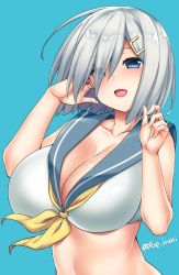 Rule 34 | 1girl, abe inori, adapted costume, adjusting hair, bare arms, bikini, bikini top only, blue background, blue eyes, blush, breasts, cleavage, collarbone, commentary request, hair ornament, hair over one eye, hairclip, hamakaze (kancolle), hands up, kantai collection, large breasts, looking at viewer, midriff, neckerchief, open mouth, sailor collar, short hair, silver hair, simple background, smile, solo, swimsuit, upper body, white bikini, yellow neckerchief