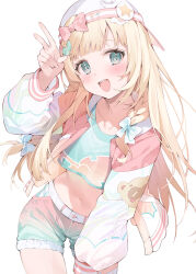 Rule 34 | 1girl, :d, absurdres, aqua eyes, backwards hat, blonde hair, blunt bangs, blush, bow, braid, collarbone, commentary request, crop top, green shorts, hair bow, hair ornament, hana mori, hand up, hat, highres, hololive, jacket, kazama iroha, kazama iroha (streetwear), leaf hair ornament, leaning forward, letterman jacket, long hair, looking at viewer, midriff, navel, official alternate costume, open mouth, raccoon hair ornament, shorts, smile, solo, standing, teeth, thigh strap, upper teeth only, v, very long hair, virtual youtuber, white bow, white hat