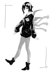 Rule 34 | 1girl, absurdres, ankle boots, asymmetrical wings, boots, closed mouth, collared shirt, from side, greyscale, highres, houjuu nue, long sleeves, looking at viewer, looking to the side, monochrome, necktie, pantyhose, reiga (act000), shirt, smile, solo, standing, sweater, touhou, wing collar, wings