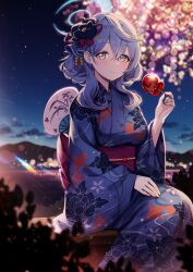Rule 34 | 1girl, ako (blue archive), animal print, blue archive, blue eyes, blue hair, blue halo, blue kimono, breasts, commentary, fireworks, fish print, flower, food, hair between eyes, hair flower, hair ornament, halo, hand fan, highres, holding, holding food, japanese clothes, kimono, long sleeves, looking at viewer, medium breasts, night, night sky, obi, outdoors, picter, print kimono, sash, sitting, sky, solo, star (sky), wide sleeves