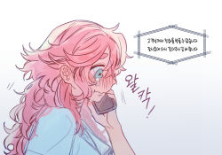 Rule 34 | 1girl, blue background, blue eyes, blue shirt, blush, crying, crying with eyes open, ear blush, from side, gradient background, gundam, gundam suisei no majo, highres, holding, holding phone, korean text, long hair, myong8 0, phone, profile, red hair, shirt, solo, speech bubble, suletta mercury, talking on phone, tears, translation request, upper body, white background