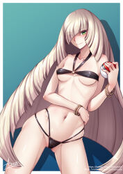 1girl adsouto arm_across_waist bikini black_bikini blonde_hair bracelet breasts collarbone creatures_(company) eyes_visible_through_hair game_freak green_eyes hair_over_one_eye highres holding holding_poke_ball jewelry long_hair looking_at_viewer lusamine_(pokemon) medium_breasts navel nintendo poke_ball pokemon signature smile solo string_bikini swimsuit variant_set very_long_hair