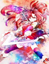Rule 34 | 10s, bare shoulders, boots, detached sleeves, ichizen (o tori), long hair, magical girl, mahou shoujo madoka magica, mahou shoujo madoka magica (anime), polearm, ponytail, red eyes, red hair, sakura kyoko, solo, spear, thighhighs, weapon