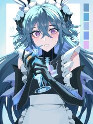 Rule 34 | !?, 1girl, absurdres, alternate costume, apron, arm fins, blue hair, braid, crossed bangs, drinking straw, eyelashes, fins, french braid, hair between eyes, head fins, highres, lamia (punishing: gray raven), long hair, looking at viewer, maid, maid apron, maid headdress, mechanical arms, mechanical parts, punishing: gray raven, purple eyes, ringed eyes, shell hair ornament, sidelocks, solo, sweatdrop, toi pngr, white apron
