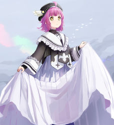 Rule 34 | 1girl, artist name, artist request, beret, black hat, black sleeves, blush, breasts, brown eyes, capelet, cloud, collared dress, day, dress, female focus, grey sky, hat, hat feather, highres, holding, holding clothes, holding skirt, long dress, long sleeves, looking at viewer, love live!, love live! nijigasaki high school idol club, miniskirt, outdoors, parted lips, pink hair, plaid, plaid dress, plaid skirt, pleated, pleated dress, pleated skirt, short hair, skirt, sky, sleeve cuffs, smile, solo, tennoji rina, white capelet, white skirt, yellow eyes