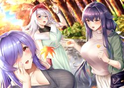 Rule 34 | 3104 (3104milkshake), 3girls, :d, absurdres, azuma (azur lane), azur lane, bag, blue eyes, blush, braid, breasts, casual, cleavage, clothing cutout, collarbone, day, dress, hair between eyes, hair ornament, hair over one eye, hairclip, hand up, highres, huge filesize, jacket, large breasts, long hair, looking at viewer, multiple girls, nail polish, open clothes, open mouth, outdoors, pink nails, purple hair, ribbed sweater, shirt, shoulder bag, shoulder cutout, sidelocks, skirt, sky, smile, sweater, trento (azur lane), very long hair, vestal (azur lane)