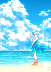 Rule 34 | 1girl, bare arms, bare legs, bare shoulders, blue bow, blue dress, blue eyes, blue hairband, blue sky, blush, bow, brown footwear, closed mouth, cloud, cloudy sky, commentary request, dress, full body, hair bow, hairband, highres, ikuya@, konpaku youmu, looking at viewer, ocean, profile, sand, shoes, short hair, silver hair, sky, sleeveless, sleeveless dress, smile, solo, touhou, v
