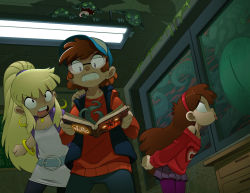 Rule 34 | 1boy, 2girls, 3others, angry, bare shoulders, belt, bespectacled, bleedman, blonde hair, blue vest, book, bracelet, brown hair, ceiling, ceiling light, child, clenched teeth, collar, dipper pines, dress, earrings, facing viewer, flat chest, fluorescent lamp, glasses, gravity falls, hairband, hat, heart, heart print, holding, holding book, hoop earrings, jewelry, legs together, long hair, looking at another, looking at object, looking outside, mabel pines, miniskirt, monster, multiple girls, multiple others, necklace, open book, open mouth, opening book, pacifica northwest, pleated skirt, purple legwear, purple nails, scared, short dress, sidelocks, skirt, standing, sweatdrop, sweater, tagme, teeth, tentacles, tongue, tongue out, vest