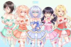Rule 34 | 5girls, :d, arms under breasts, asymmetrical hair, bad id, bad pixiv id, bang dream!, bare shoulders, black hair, blonde hair, blue choker, blue dress, blue eyes, blue ribbon, blue thighhighs, blush, breasts, brown eyes, choker, cleavage, clenched hands, collarbone, commentary request, cosplay, cowboy shot, crossed arms, dress, frilled dress, frills, futaba tsukushi, green background, green choker, green dress, green legwear, green ribbon, hair between eyes, hair intakes, hair ornament, hair ribbon, hand on own hip, hand up, hands up, hiromachi nanami, kirigaya toko, kurata mashiro, large breasts, long hair, looking at viewer, medium breasts, morfonica, multiple girls, open mouth, orange choker, orange dress, orange hair, orange legwear, orange ribbon, parted hair, pastel palettes (bang dream!), pink choker, pink dress, pink eyes, pink legwear, pink ribbon, red dress, red ribbon, ribbon, shirogane tsubasa, short hair, sidelocks, signature, silver hair, simple background, single sidelock, smile, standing, standing on one leg, strapless, strapless dress, teeth, thighhighs, twintails, two side up, upper teeth only, white legwear, wrist ribbon, yashio rui, yellow eyes, zettai ryouiki
