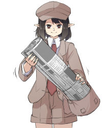 Rule 34 | 1girl, bag, black hair, blouse, bright pupils, brown bag, brown eyes, brown hat, brown jacket, brown shorts, bunbunmaru, buttons, cabbie hat, collared shirt, cowboy shot, hat, highres, holding, jacket, long sleeves, looking at viewer, messenger bag, motion lines, necktie, newspaper, no wings, official alternate costume, peroponesosu., pointy ears, red necktie, shameimaru aya, shameimaru aya (newsboy), shirt, short hair, shorts, shoulder bag, sidelocks, simple background, skirt, skirt set, smile, solo, suit jacket, swept bangs, touhou, white background, white pupils, white shirt