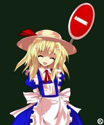 Rule 34 | 1girl, ^ ^, alphes (style), arms behind back, blonde hair, closed eyes, female focus, hat, kana anaberal, kaoru (gensou yuugen-an), negative, open mouth, parody, phantasmagoria of dim.dream, short hair, sign, signature, simple background, smile, solo, style parody, touhou, touhou (pc-98)